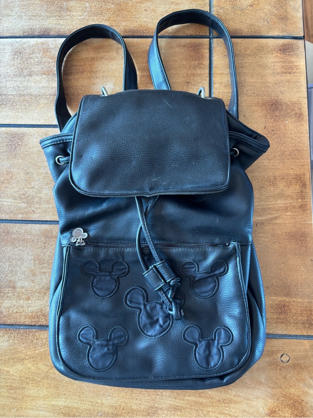 Disney Black Faux Leather Drawstring Backpack with Mickey Tag